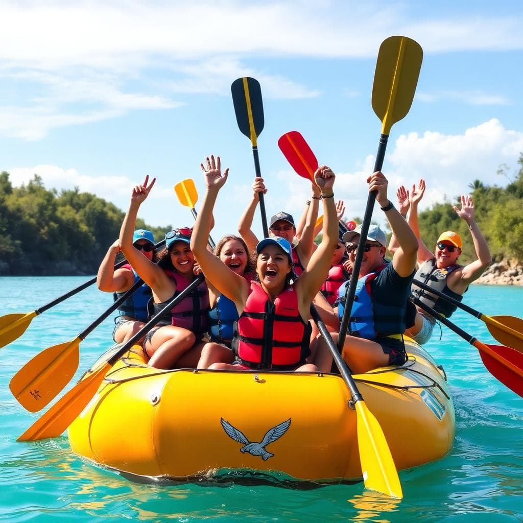 Group celebrating with paddles raised